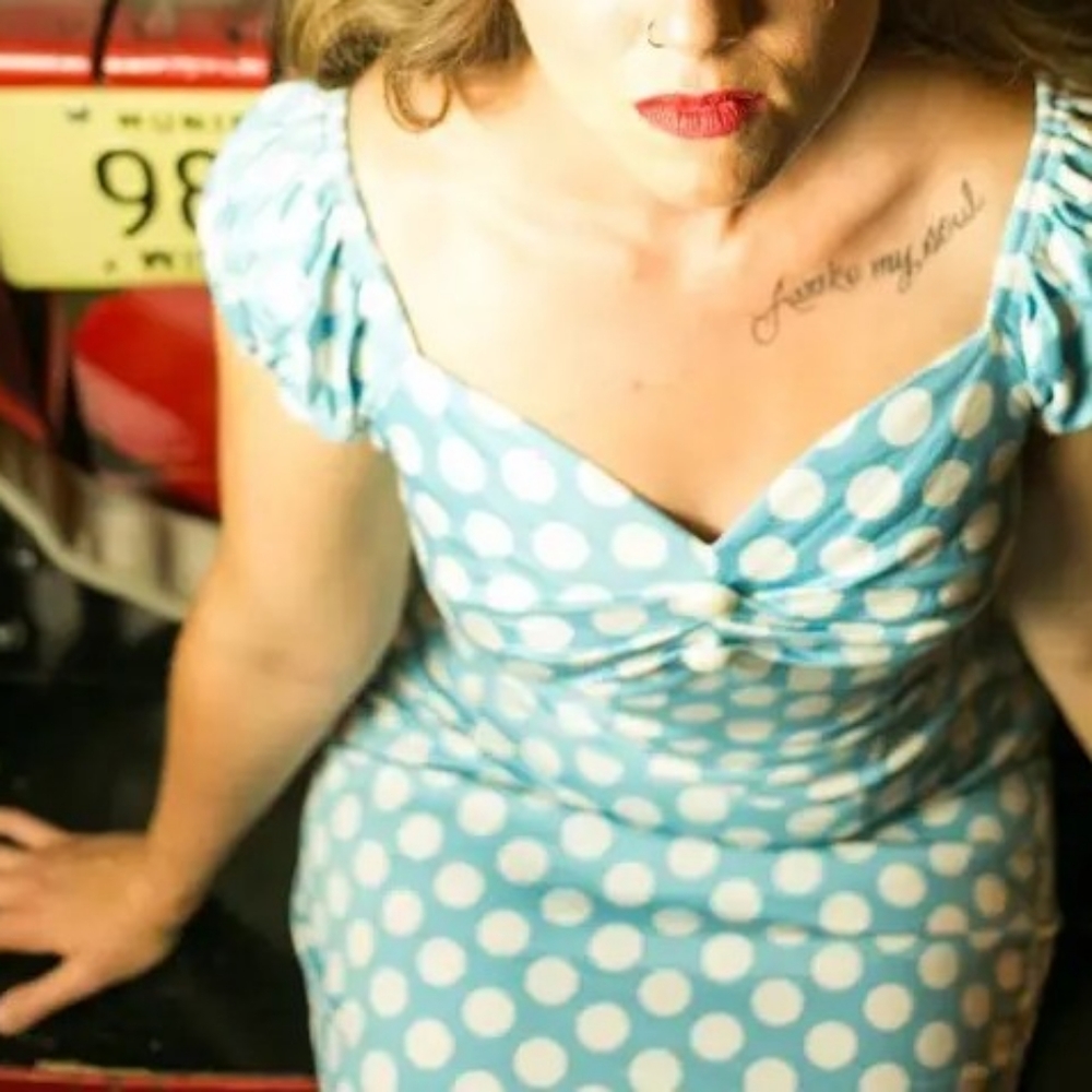 Vintage pinup blue and white polka-dot Collectif dress, size medium.